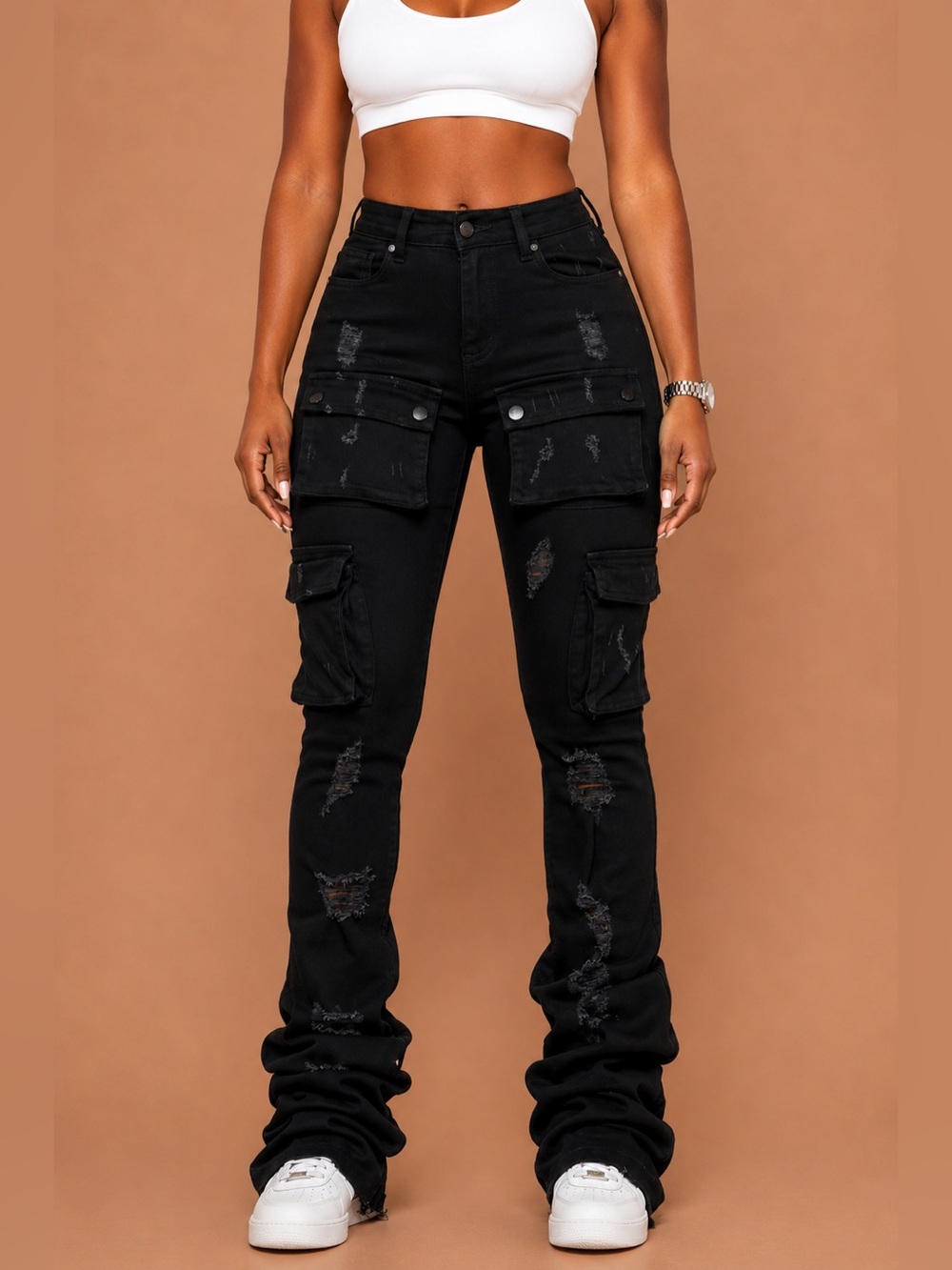 High-Waist Black Wide-Leg Cargo Jeans for Women
